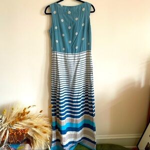 KETI CHKHIKVADZE Teal Blue Striped Polka Dot Designer High Neck Maxi Dress